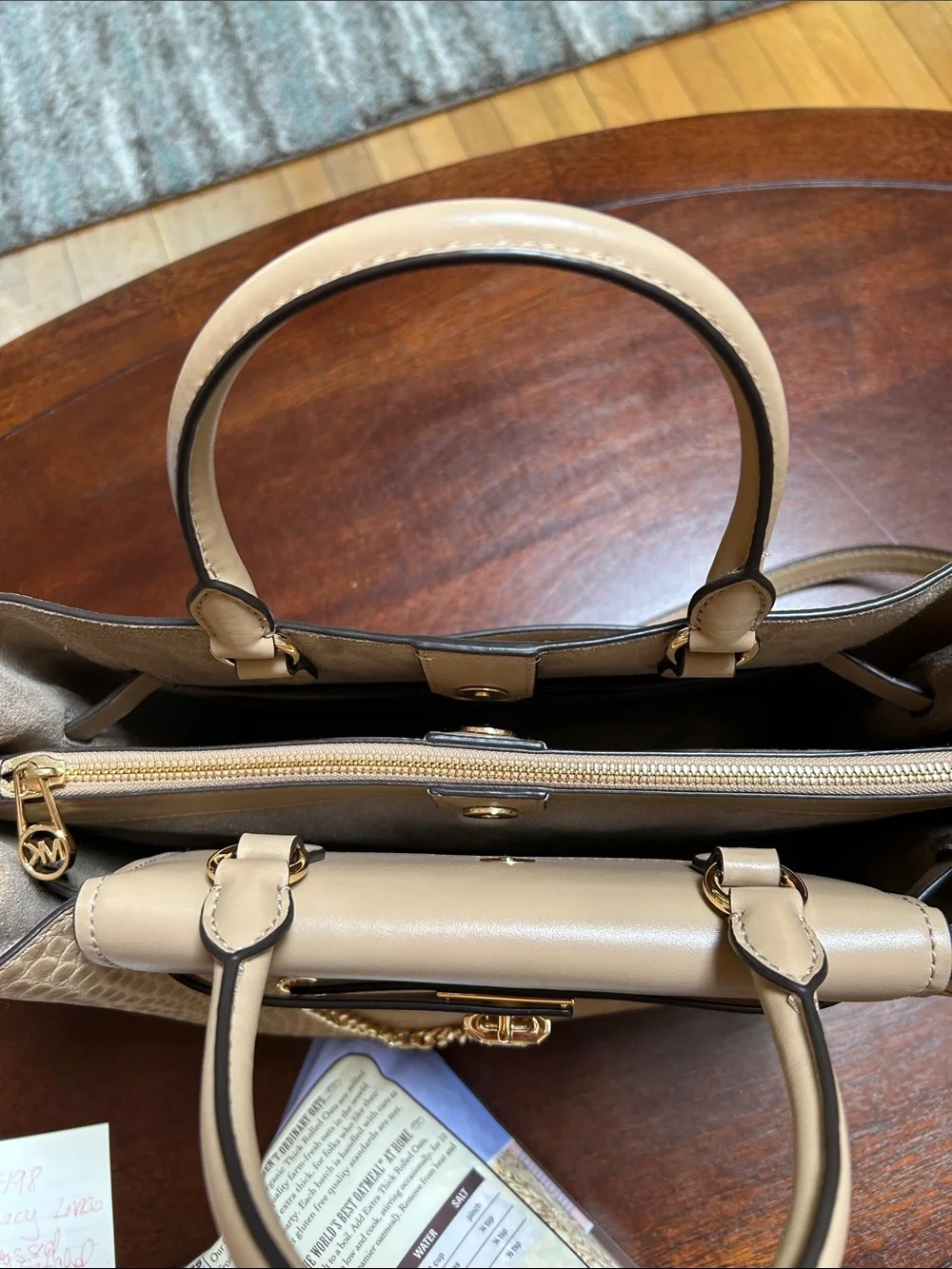 Michael Kors Taupe Croc-Embossed Satchel with Gold Chain